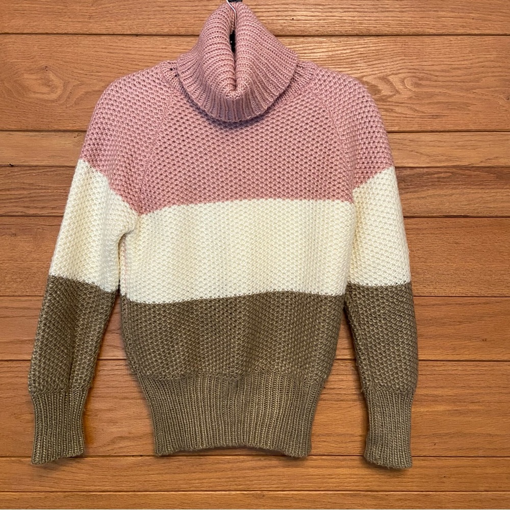 Vintage 70s Sears turtleneck pink cream and tan chunky sweater